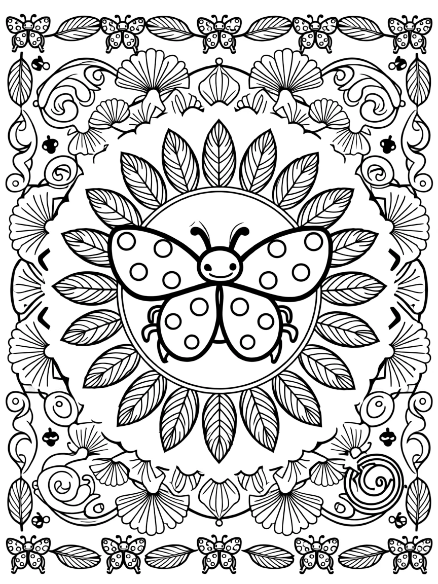 Insects & Bugs: The page presents a small themed scene built around a ladybug with rounded spotted wings, tied together by a feather-ring mandala with plumes fanning outward. The scene is placed centrally within a scene bordered top and bottom by mirrored rows of smaller matching details. Decorative details fill the surrounding space, including overlapping scalloped shells, loops of ribbon curling back on themselves, and clusters of tiny acorns woven throughout the background. A playful extra touch completes the page: a tiny compass shape resting in one corner of the design.