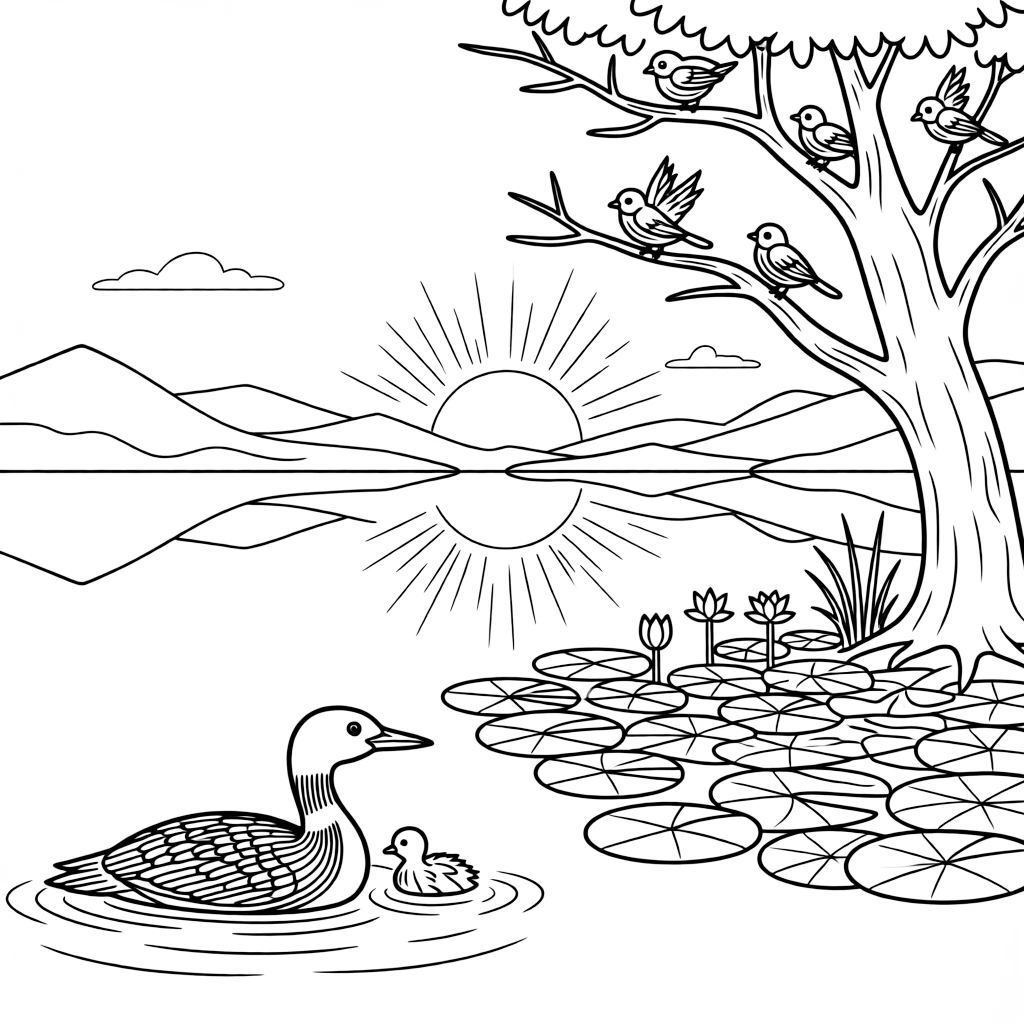 [Lakeside] A loon and her chick float peacefully near a patch of lily pads on a quiet lake. Songbirds flit between branches of a tree leaning over the water's edge. Mountains rise beyond the far shore, their peaks mirrored perfectly in the calm lake. The lake glows pink and gold as the sun rises slowly over the distant hills.