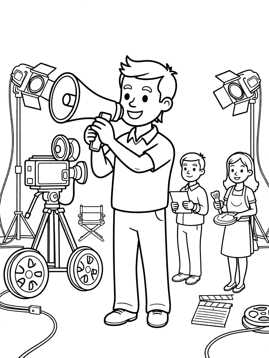 A movie director calls "action" through a megaphone on a busy film set.
