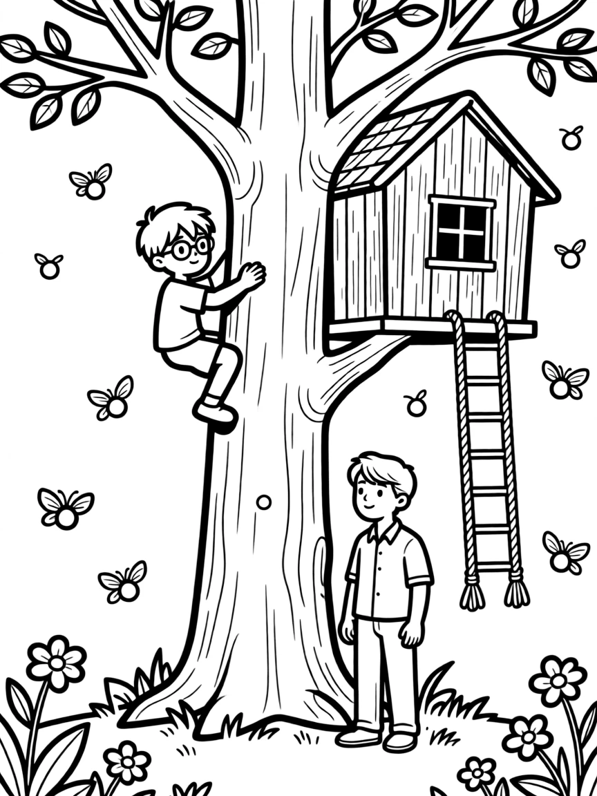 A boy with glasses climbing a tree with a single dad in a treehouse with fireflies glowing at dusk.