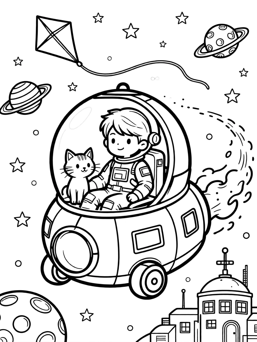 This page centers on a round astronaut capsule floating near a space station exploring outer space, dotted with twinkling stars and colorful planets, featuring a curious cat perched on the hood and little extras like a bouncy trail of moon dust kicked up behind the wheels and a kite dancing in the breeze above.