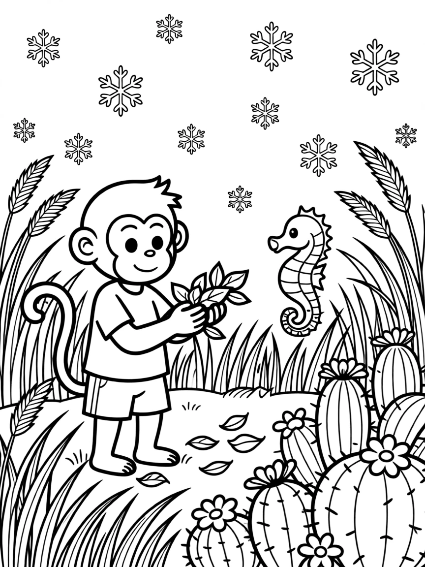 A monkey in a field of tall grass, helping gather fallen leaves with a seahorse, next to a cactus garden, as gentle snowflakes drift down.