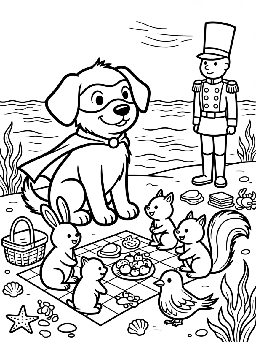 A speedy puppy superhero sidekick takes a break from adventures to try hosting a picnic with a family of curious critters at a tide pool bustling with tiny sea creatures, with a wind-up toy soldier standing at attention close behind. A gentle breeze carries the sound of joyful laughter.