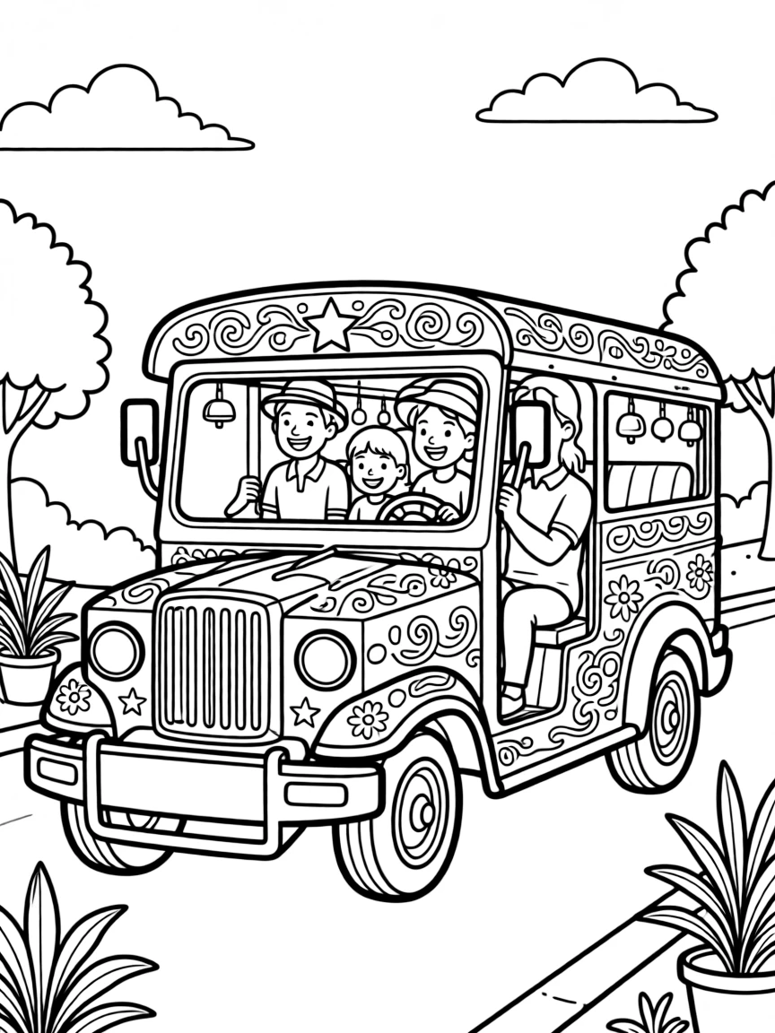 A coloring page of a heartwarming family scene in Philippines showing a family riding in a colorful jeepney decorated with bright designs, with everyone smiling and working together happily.