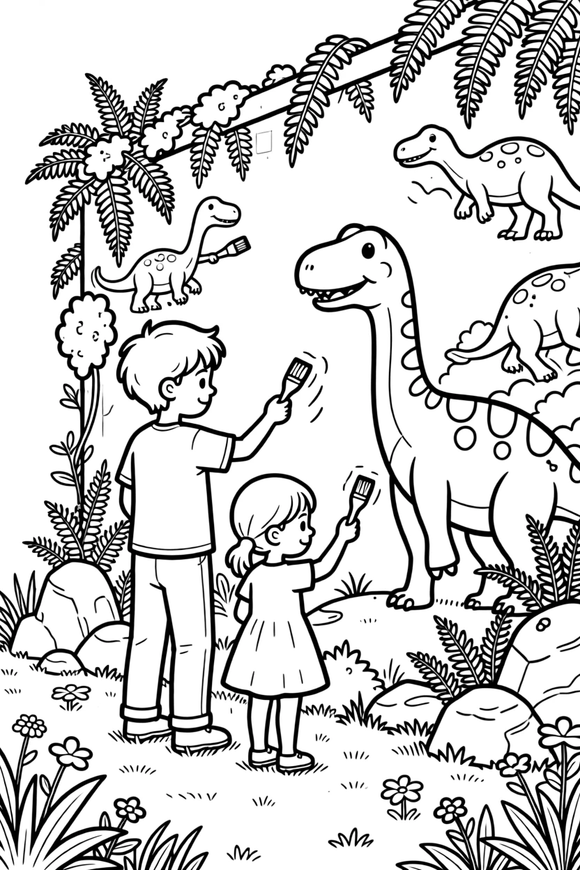 a shy older brother and his little sister paints a mural of dinosaurs roaming through ferns and mossy rocks.