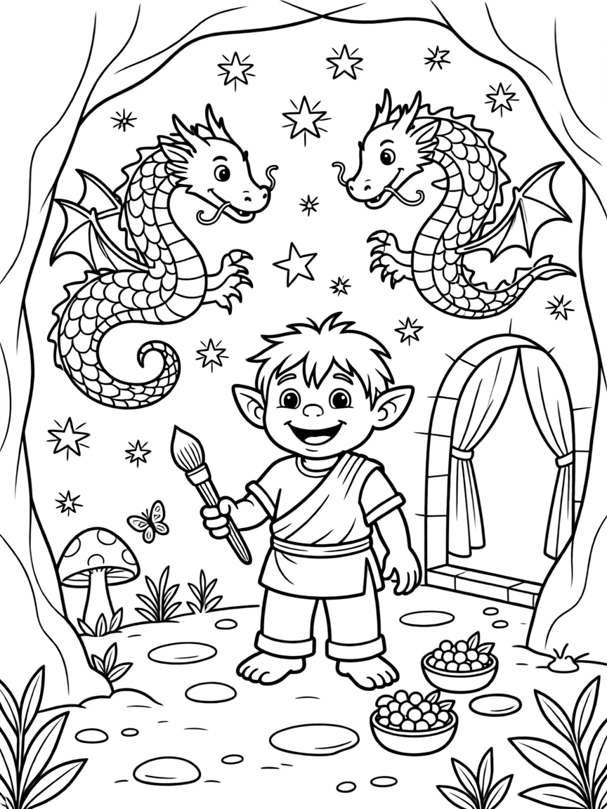 A friendly cave troll paints colorful murals of dragons and stars on the walls of his underground home using berries as pigment.