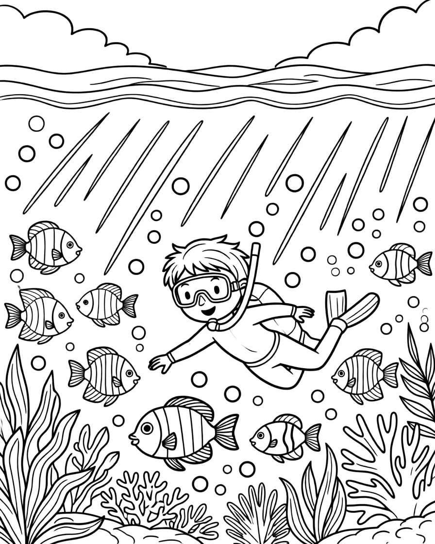 [Sea Creatures] a colorful school of tropical fish swimming alongside a diver beneath sparkling ocean waves, grinning with excitement, while bubbles rise gently toward the surface fills the surrounding area. Light beams filter down from the surface above. Set just after a rainstorm, under clear blue skies, the page bursts with adventure and imagination.