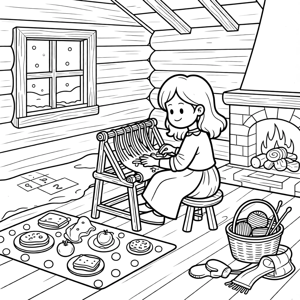 A girl weaver working at a small loom is setting out a picnic blanket dotted with treats inside a cozy log cabin during a gentle snowstorm. All around, a hopscotch grid chalked onto the pavement and a basket of yarn and knitting needles nearby complete the joyful scene.