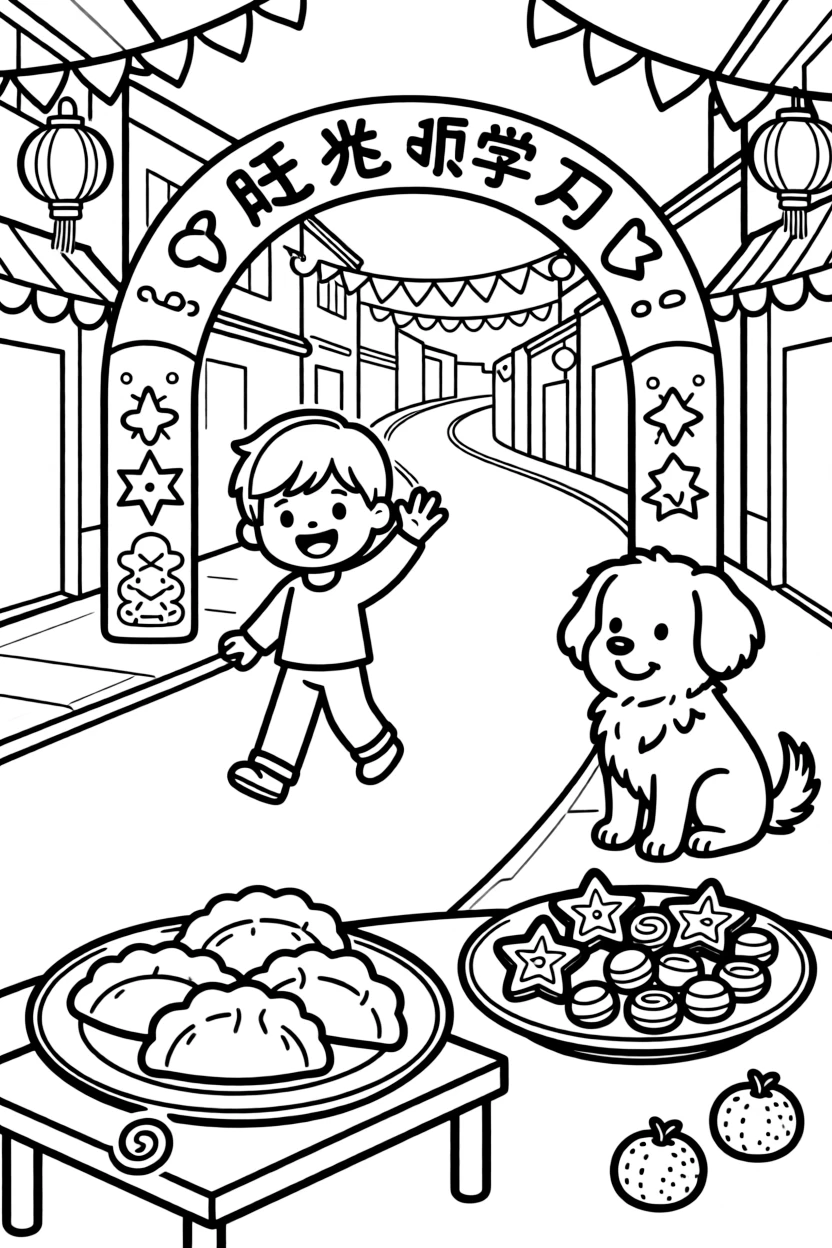 A wide view in a lively parade winding through a decorated street, featuring a plate of dumplings and orange tangerines, a fluffy puppy, and a plate of traditional festive treats, with a decorated archway welcoming guests nearby.