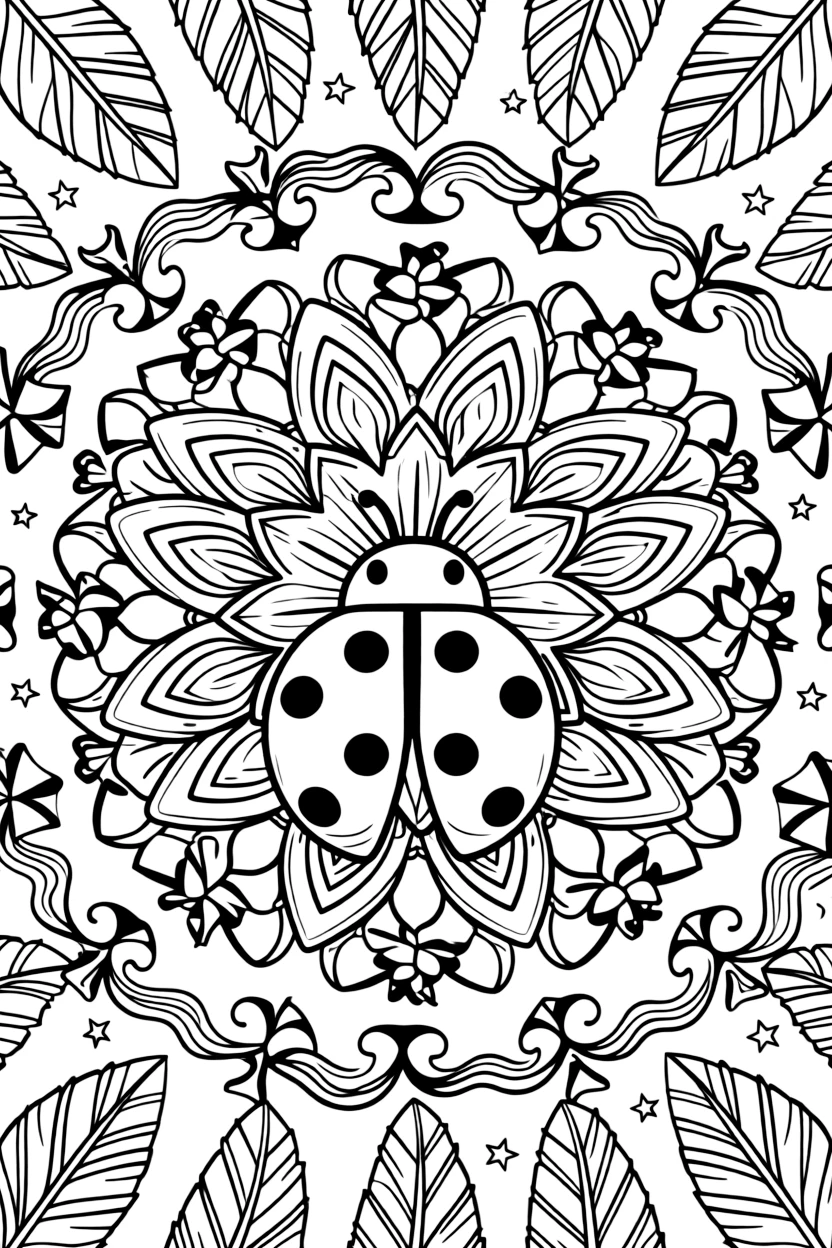 Insects & Bugs: The design turns a ladybug with rounded spotted wings into a kaleidoscope-style composition anchored by a blooming flower-shaped mandala with layered petal rings. The imagery is broken into repeating fragments that spin outward from the center in a kaleidoscope-style circle of matching wedges. Decorative details fill the surrounding space, including rows of curling wave shapes, pinwheel blades spinning in place, and rows of gentle leaf veins branching outward woven throughout the background. A playful extra touch completes the page: a scattering of small stars filling in any open gaps in the pattern.
