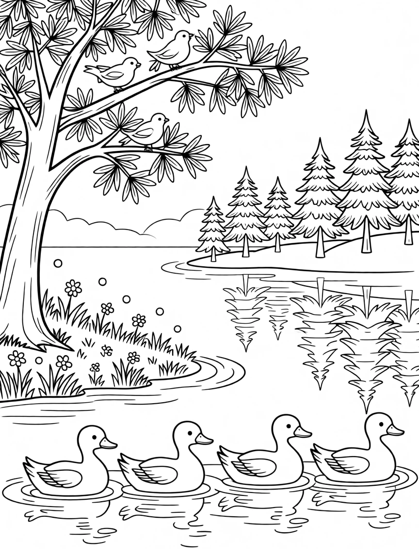 [Lakeside] A family of ducks paddles in a neat line across a calm, glassy lake at sunrise. Songbirds flit between branches of a tree leaning over the water's edge. Pine trees line the far shore, their reflections rippling across the still water. Soft evening light settles over the water as fireflies begin to twinkle along the shore.