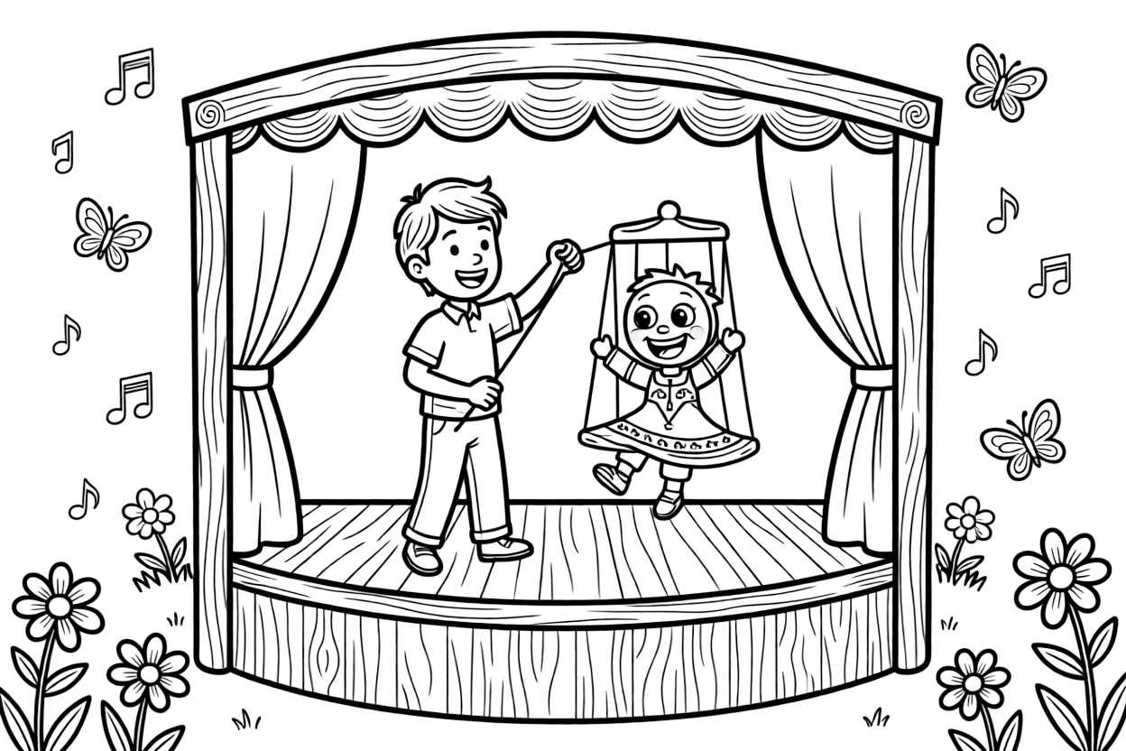A puppeteer makes a colorful puppet dance behind a small wooden stage.
