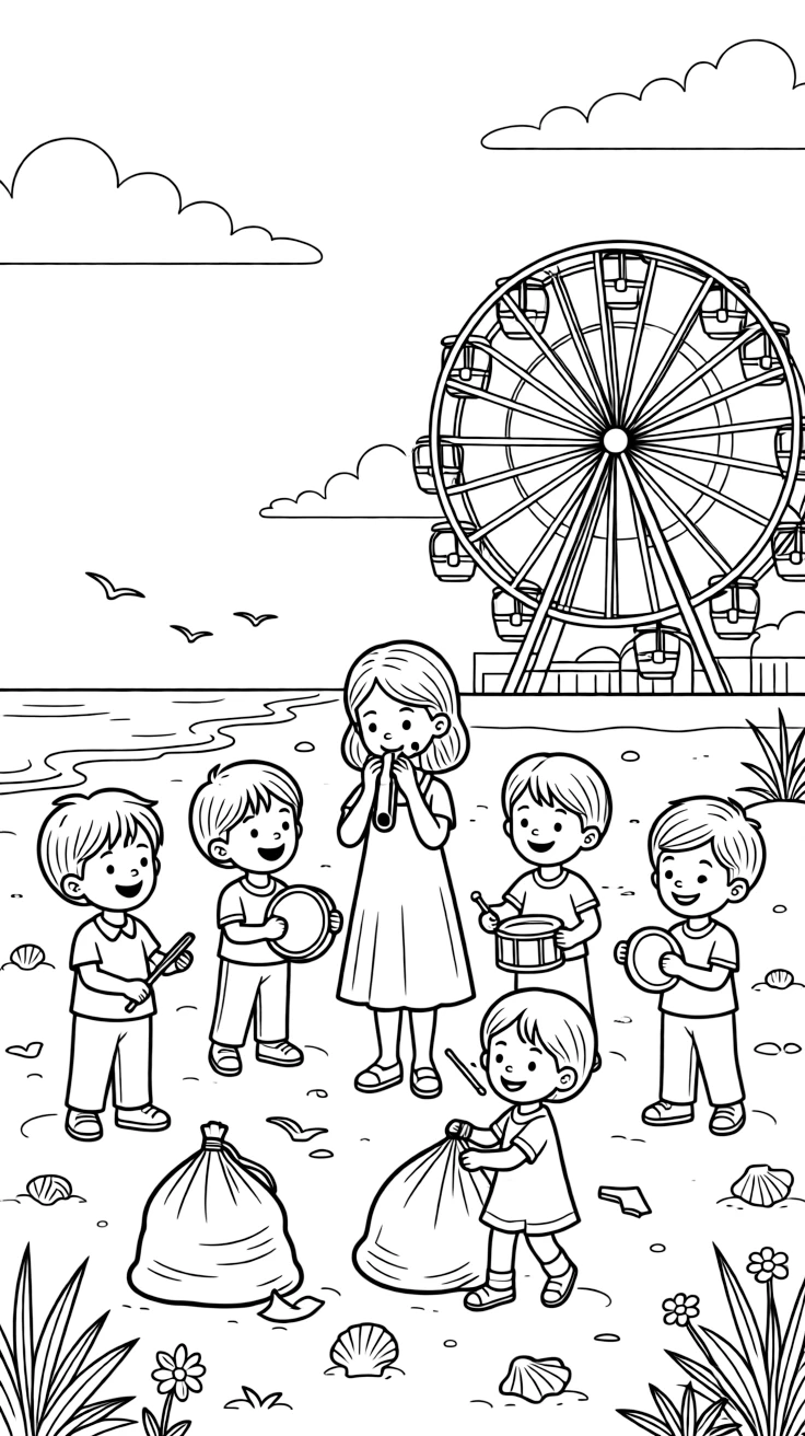 An older sister playing a kazoo in a small band at a beach cleanup while a ferris wheel spins in the distance.