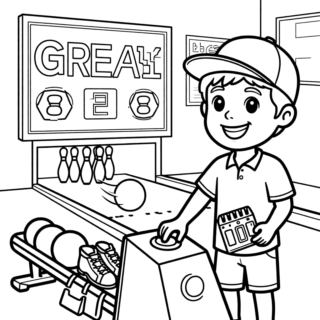 A confident boy wearing a bright cap, recording a score on a screen glowing above the lane after a great frame.