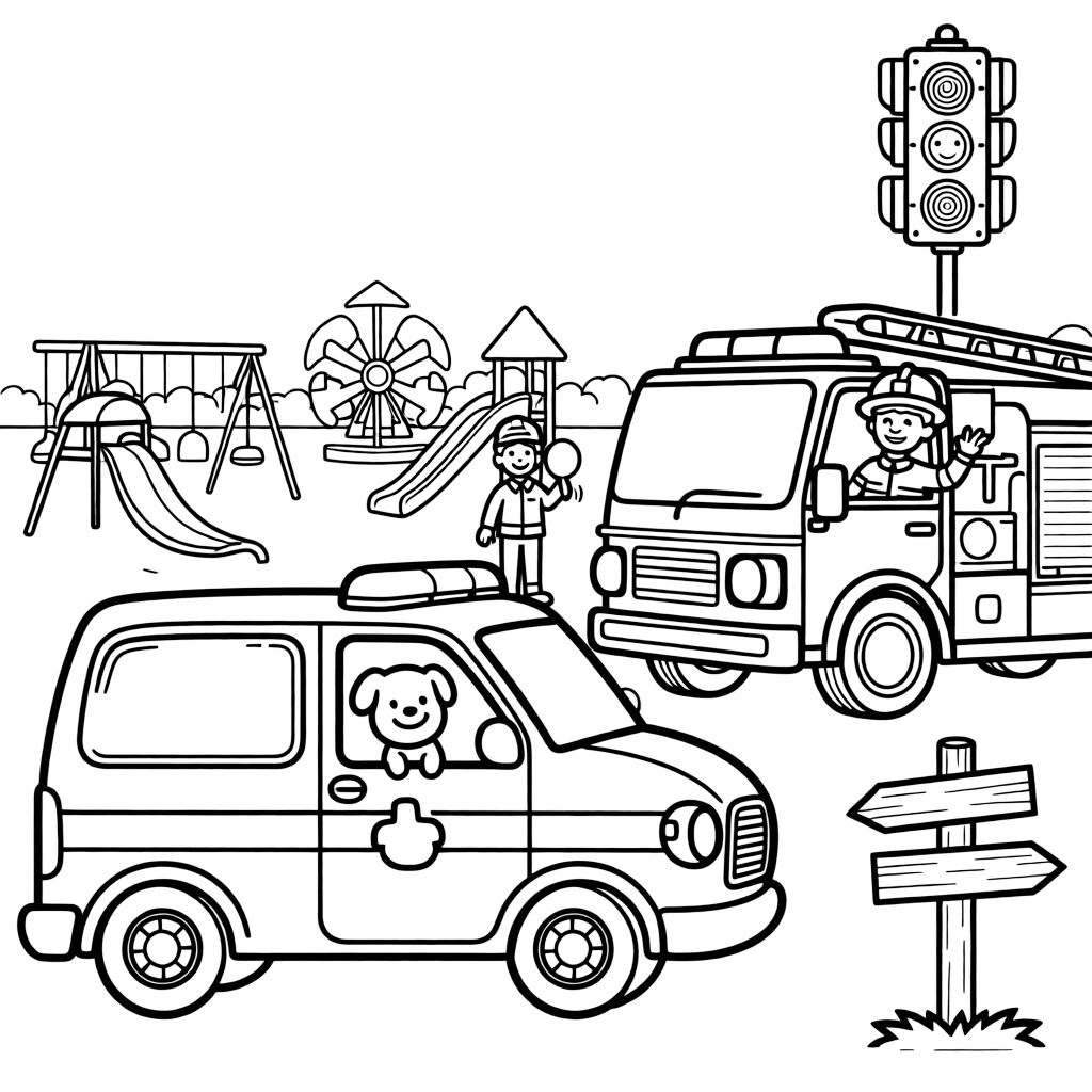 A coloring page featuring a K9 police van with a little dog peeking out the window, traveling through a sunny schoolyard with a crossing guard and playground, with a proud firefighter leaning out to wave and a signal light blinking cheerfully and an old wooden signpost pointing to faraway towns filling the scene.