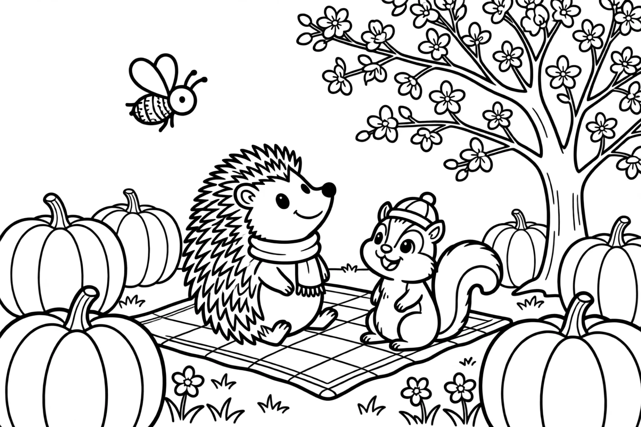 A hedgehog stargazing on a blanket with a chipmunk in a pumpkin patch in October, near a blooming cherry blossom tree, while a friendly bee buzzes past.