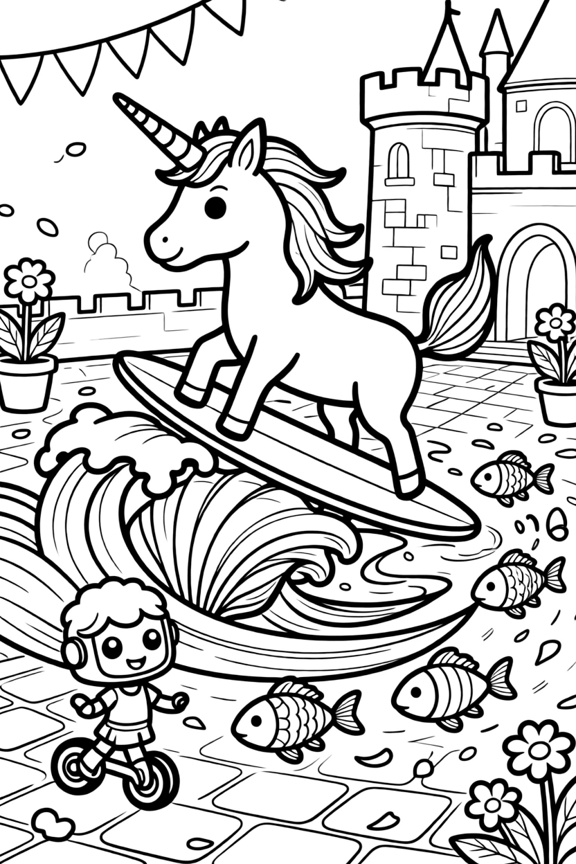 At a royal castle courtyard decorated for a festival, a dreamy narwhal unicorn of the sea is busy riding a wave on a surfboard shaped like a shell, cheered on by a tiny robot rolling along on training wheels and a school of rainbow fish swimming past. Warm smiles and happy cheers fill the scene.