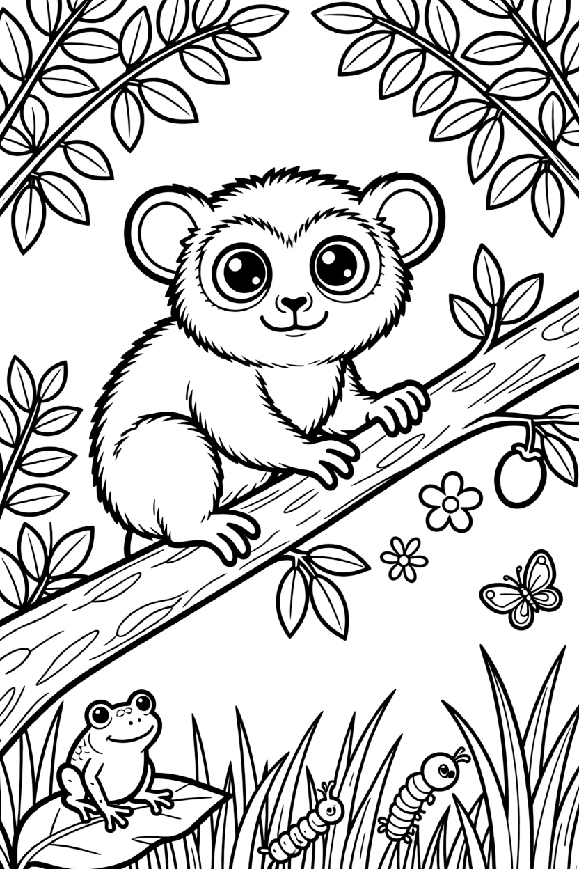 A coloring page spotlighting a tiny tarsier clinging to a tree branch with big round eyes in Philippines, framed by leafy branches, tall grass, and a few playful smaller creatures nearby.