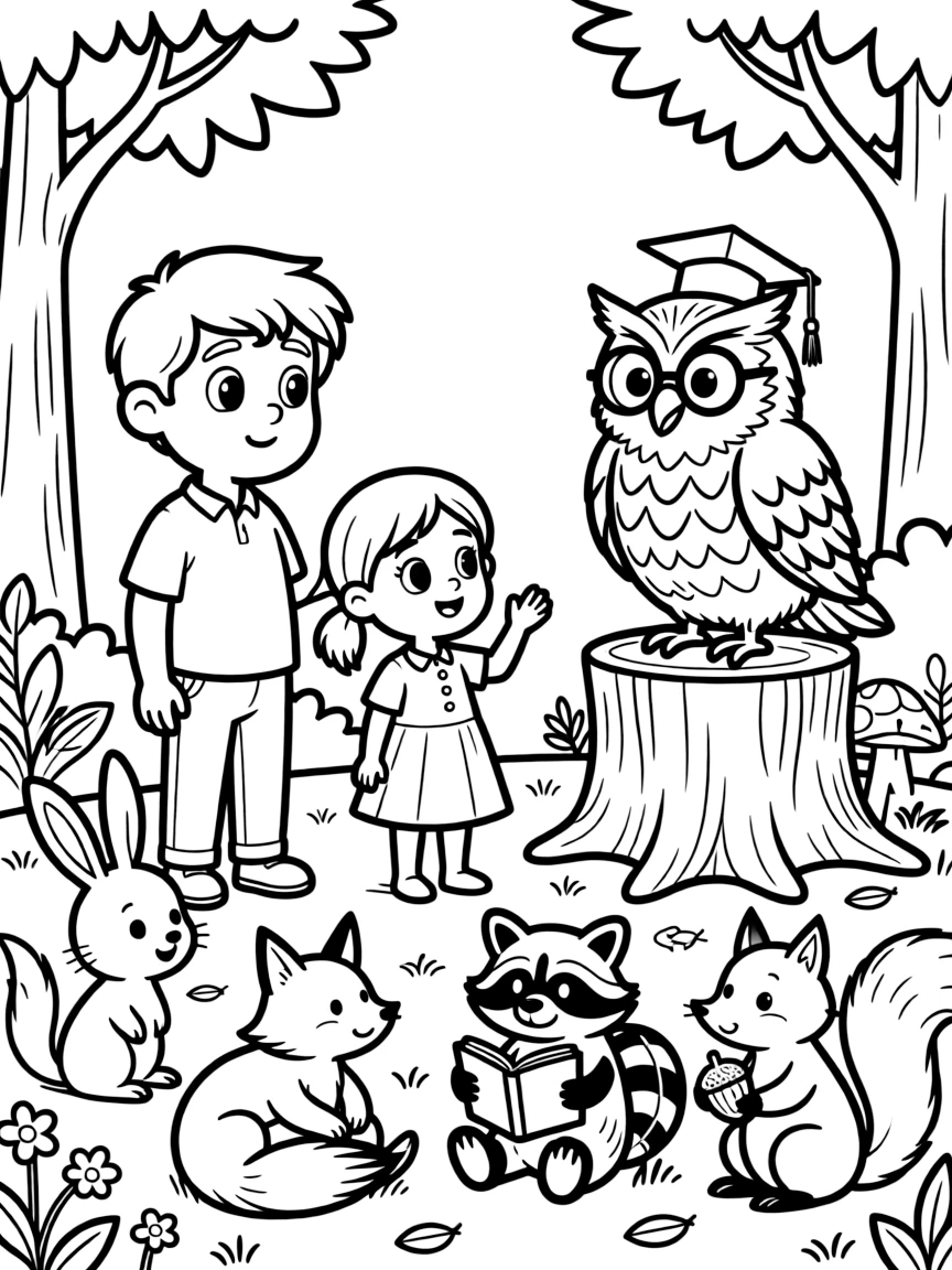 a wide-eyed older brother and his little sister meets a wise old owl professor teaching a class of woodland animals.