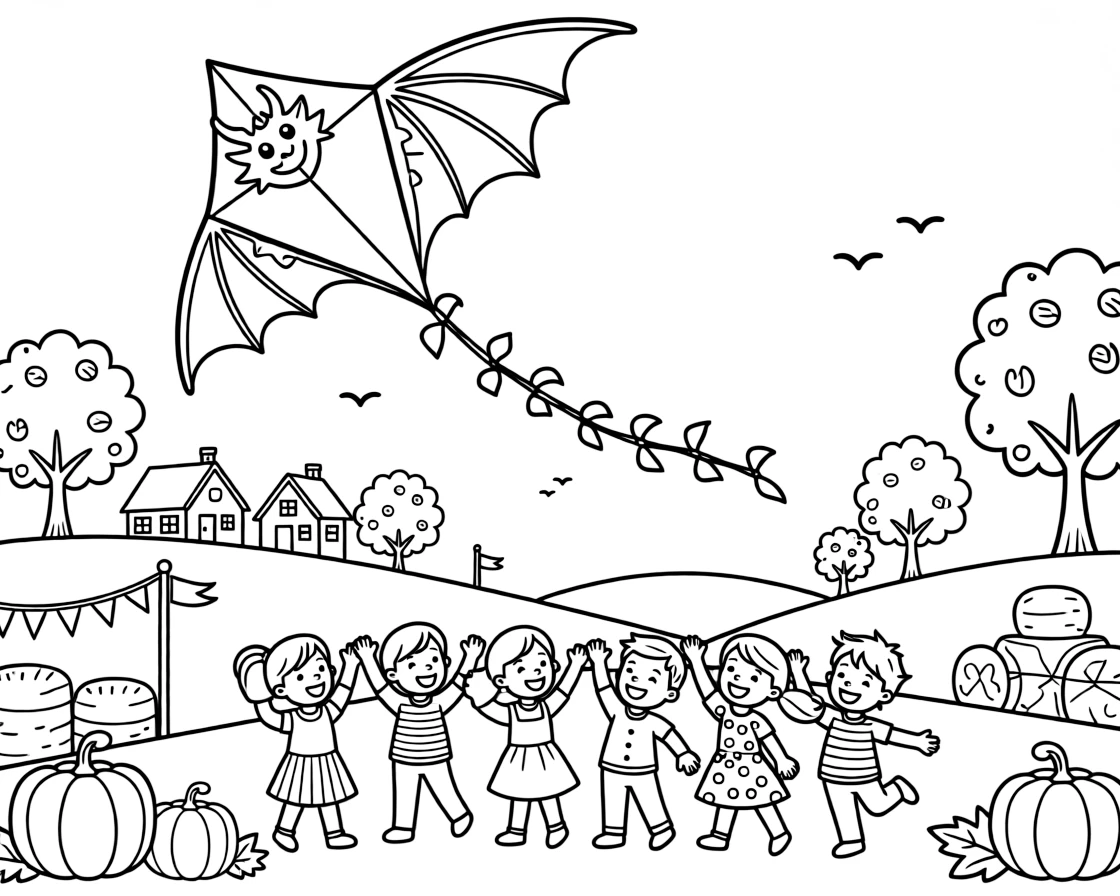 A dragon-shaped kite soars above a kingdom during a harvest festival, children below cheering as it dips and swoops.