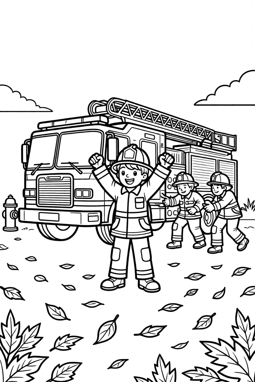 [Firefighters] A dynamic scene shows a young firefighter-in-training standing proudly beside a fire truck beside a bright red fire truck, cheering with both fists raised. Close by, other firefighters help nearby. A sturdy helmet and coat complete the uniform. The moment unfolds during a bright summer day, with autumn leaves swirling in the wind, filled with energetic detail perfect for a young colorist.