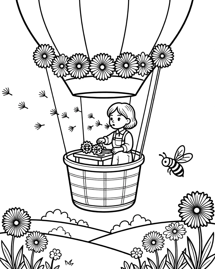 A girl inventor tinkering with gears is blowing dandelion seeds into the breeze aboard a hot air balloon drifting over rolling hills. a curious bumblebee buzzing among the blooms and a garland of paper flowers strung overhead make the scene feel magical.