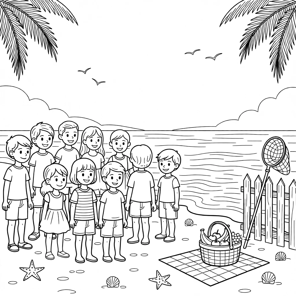A festive crowd dressed in red and white on a sandy beach with gentle waves rolling in, with a picnic basket packed with fruit and a butterfly net leaning on a fence nearby.