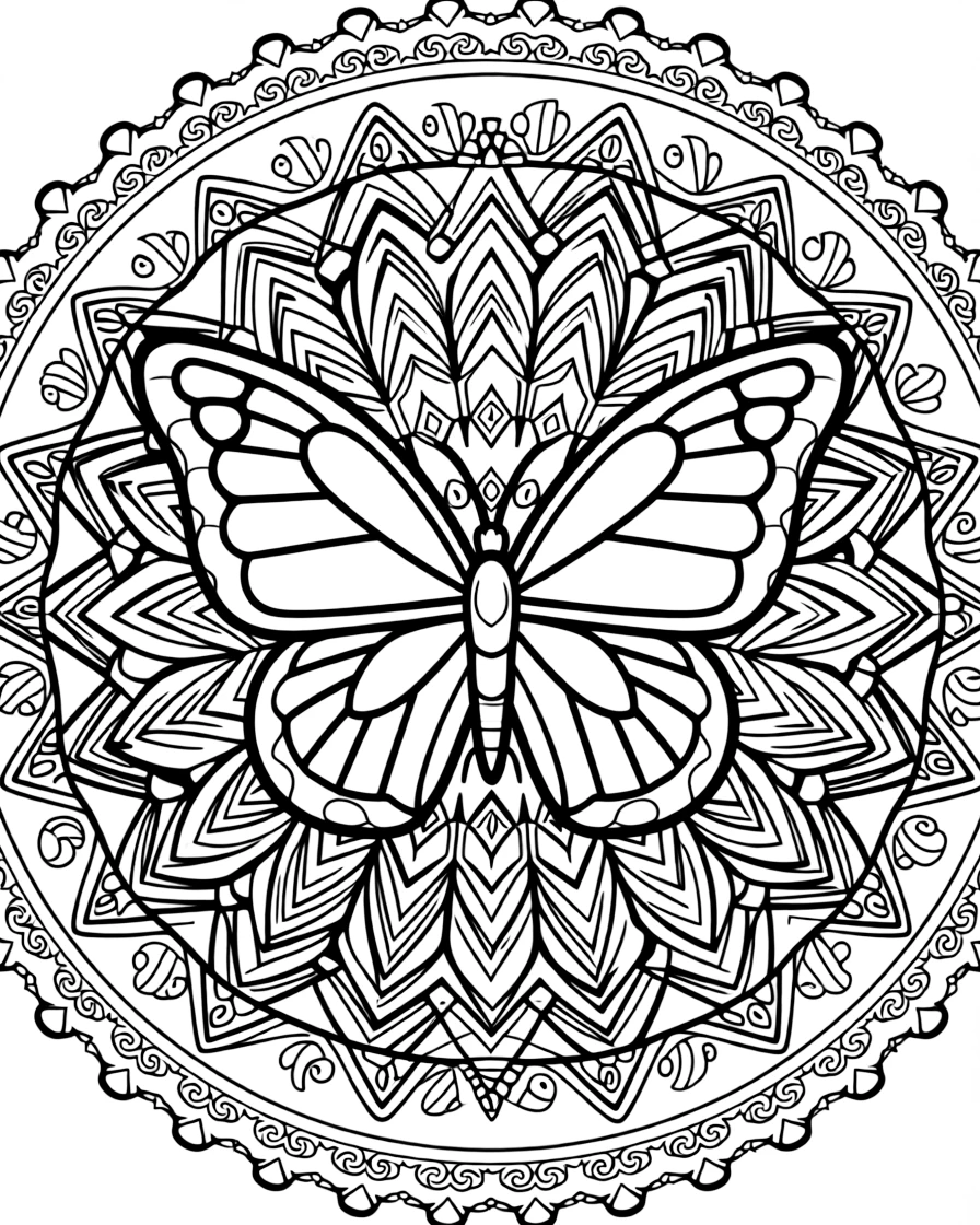 Insects & Bugs: The main subject is a butterfly with large symmetrical wing panels, drawn as the focal point of a crystal-facet mandala built from angular repeating shapes. It is centered on the page, anchoring a design that expands outward in smooth, even waves. Decorative details fill the surrounding space, including delicate lace-edged fringes, loops shaped like small bows, and tightly coiled spiral shells woven throughout the background. A playful extra touch completes the page: a small treasure chest half-hidden along one edge of the design.
