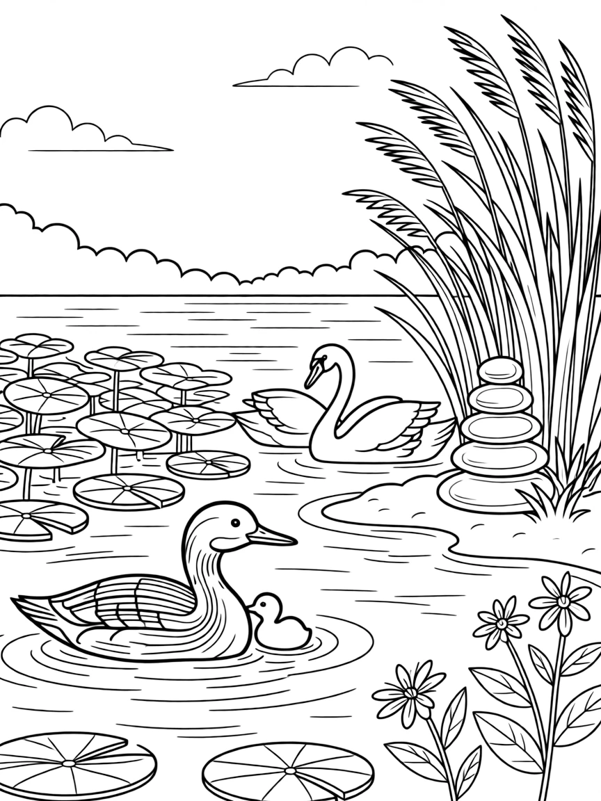 [Lakeside] A loon and her chick float peacefully near a patch of lily pads on a quiet lake. A pair of swans glides gracefully past a cluster of reeds near the shore. Smooth stones are stacked in a little tower near the water's edge, beside a patch of wildflowers. Warm afternoon sunlight sparkles across the lake beneath a clear blue sky.