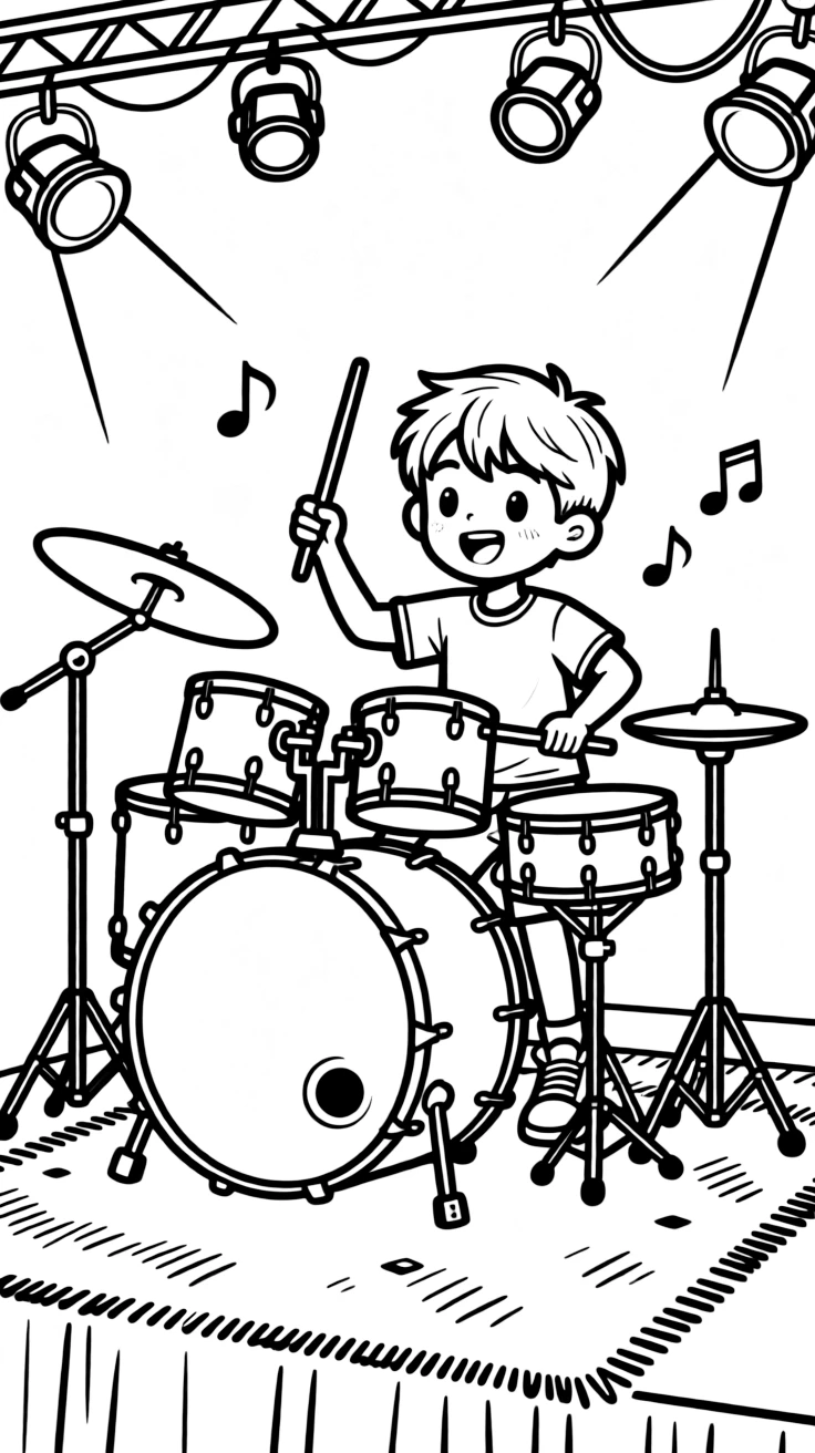 A drummer bangs energetically on a big drum kit under stage lights.