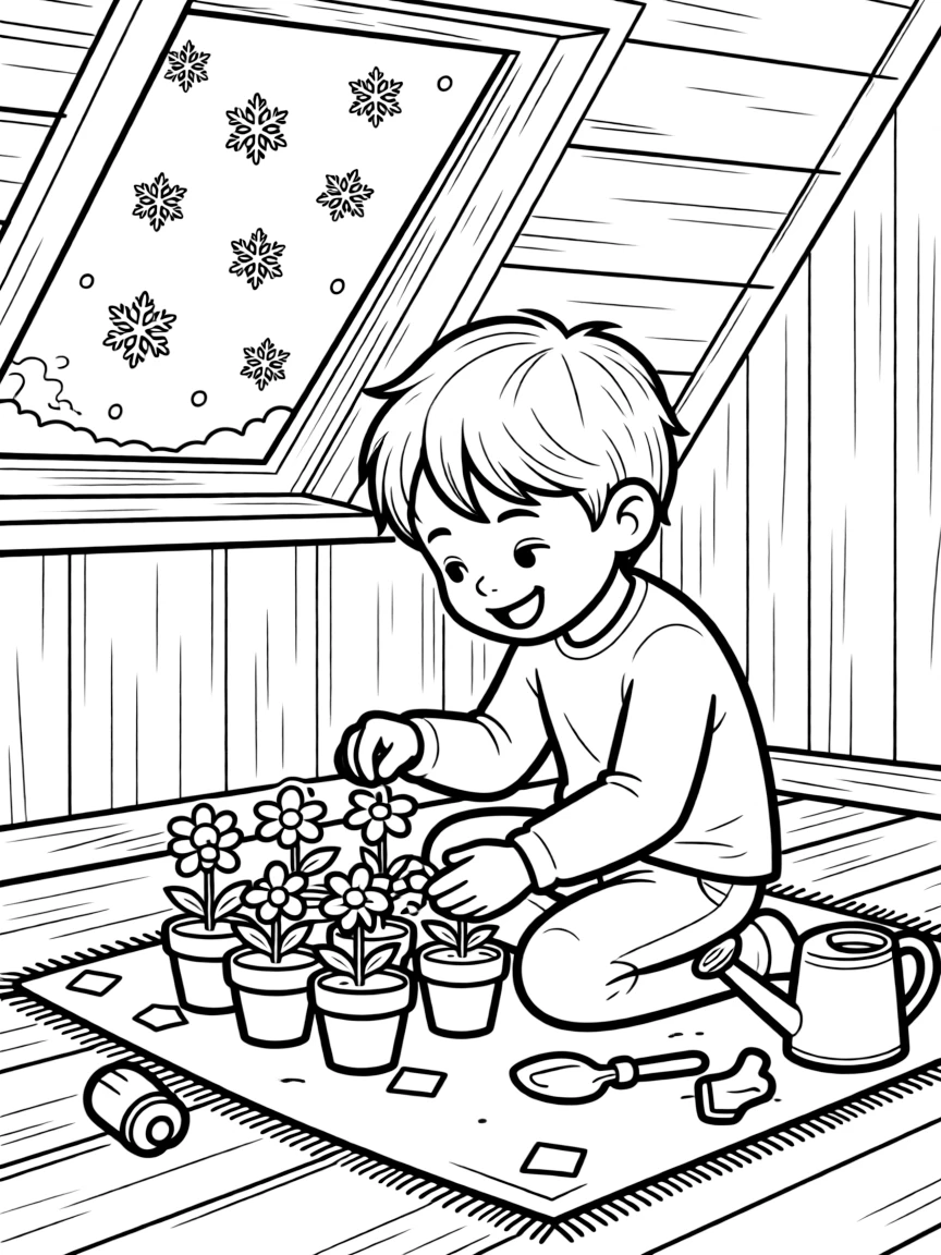 A giggling boy planting flowers alone in an attic playroom, deeply focused, while snowflakes fall softly.