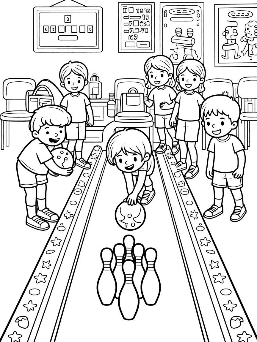A group of classmates, practicing a gutter-ball recovery with a bumper lane set up for younger kids.