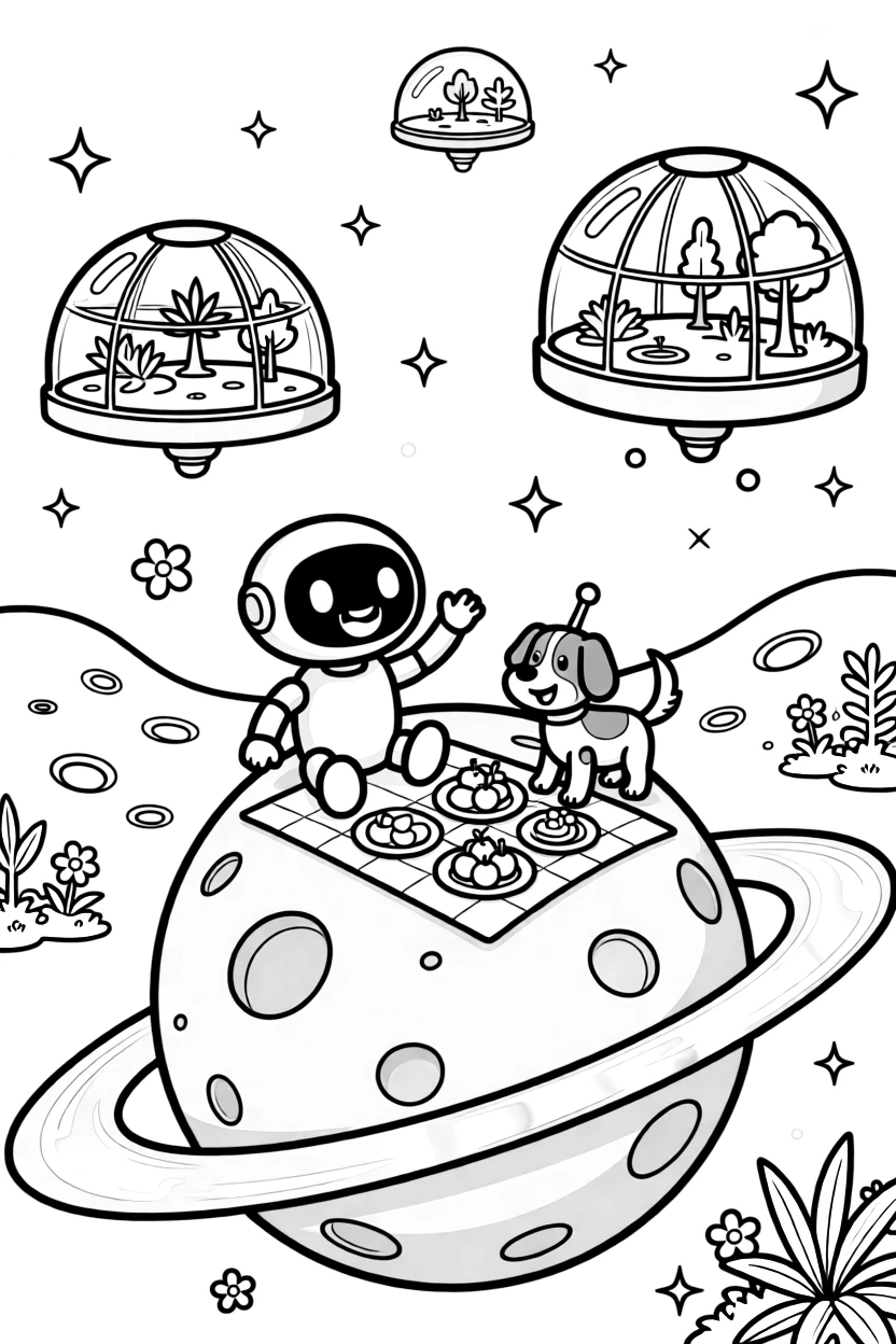 In a moon colony with glass domes and low-gravity gardens, Dyno, a cheerful helper robot hosting a picnic on the rings of a giant purple planet, while a robot dog wagging its antenna tail adds to the excitement.