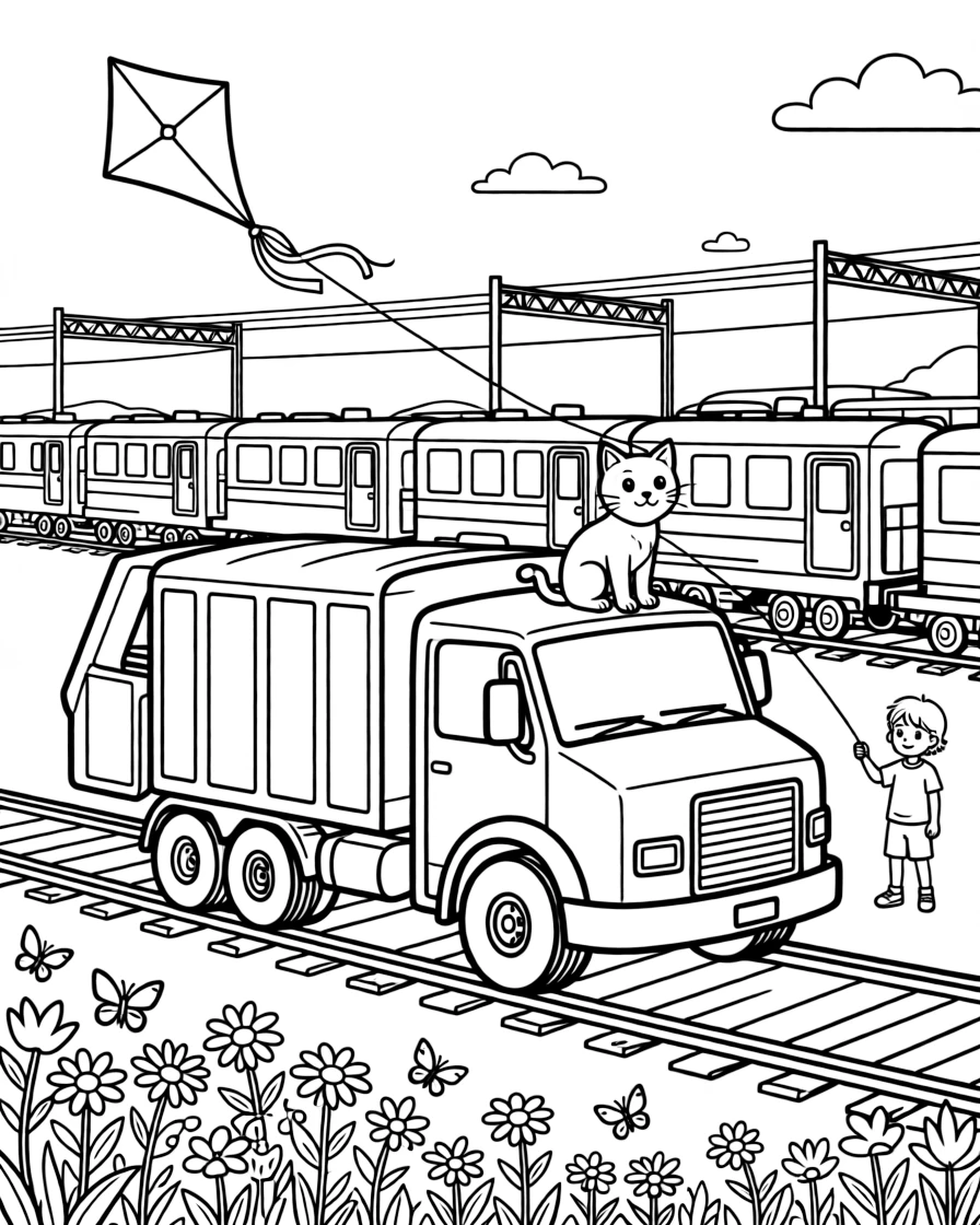 A coloring page featuring a bright orange recycling truck with sorting bins, traveling through a bustling train yard filled with rows of colorful train cars, with a curious cat perched on the hood and a kite dancing in the breeze above and butterflies fluttering near a patch of wildflowers filling the scene.