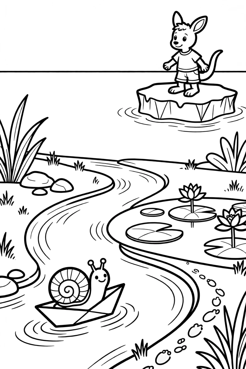 A snail floating paper boats down a stream with a kangaroo joey on an iceberg in the arctic sea, near a lily pad pond, with a trail of tiny footprints in the mud.