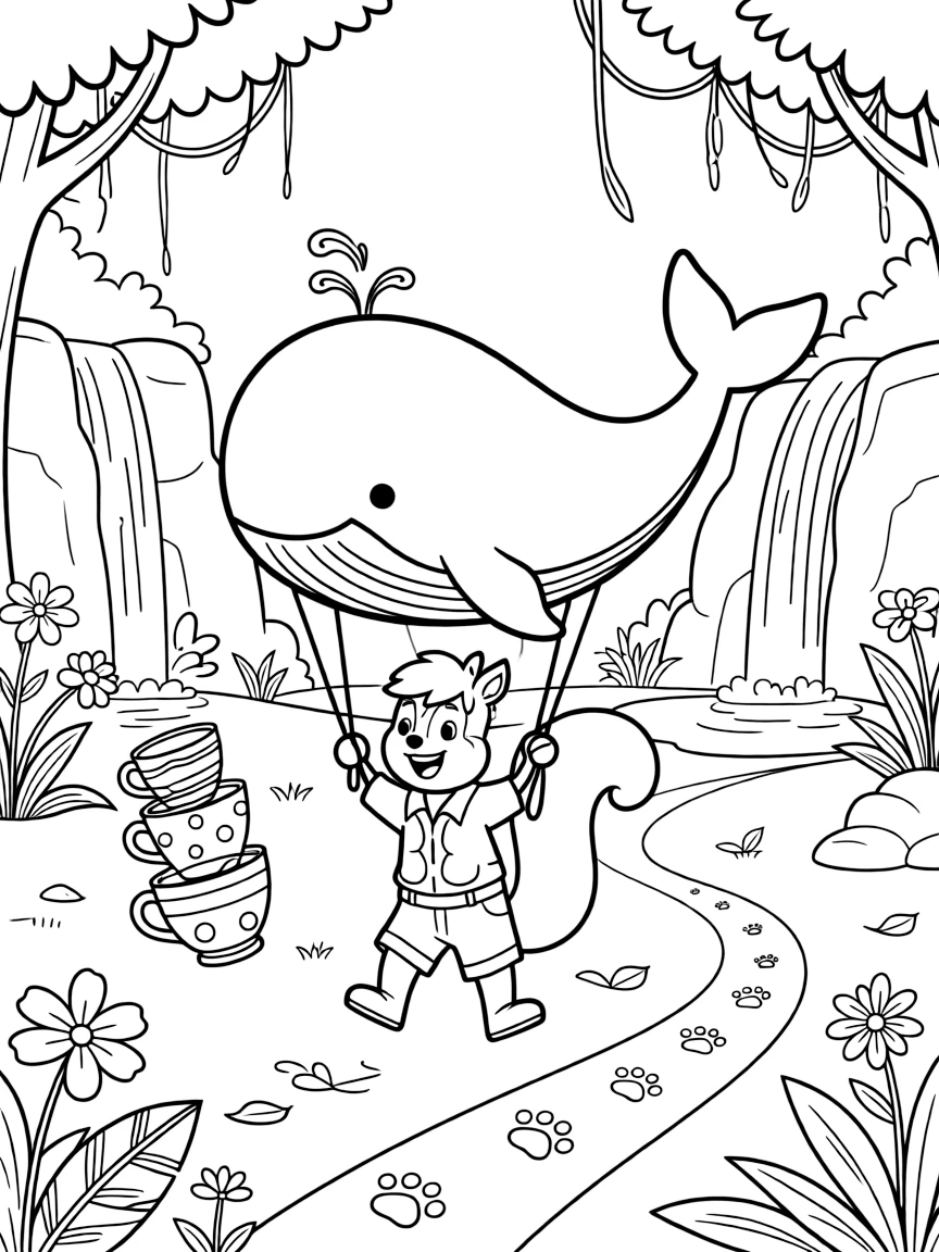 In a jungle clearing with hanging vines and waterfalls, a clumsy squirrel treasure hunter is busy steering a hot air balloon shaped like a whale, cheered on by a trail of paw prints leading into the distance and a wobbly tower of stacked teacups. Everyone is laughing and having the best time.