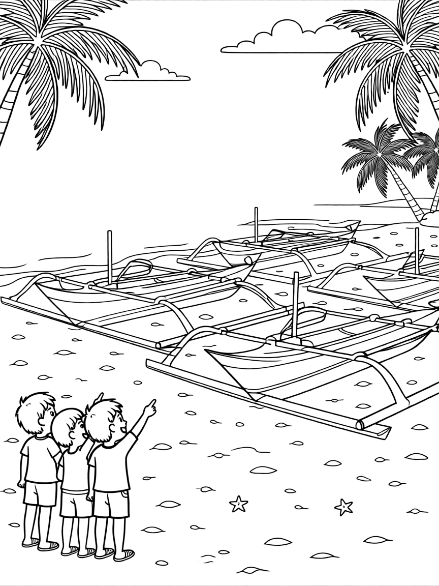 A coloring page showing a fleet of outrigger boats painted in bright colors on a beach in Philippines, admired by a group of delighted children gathered close by.