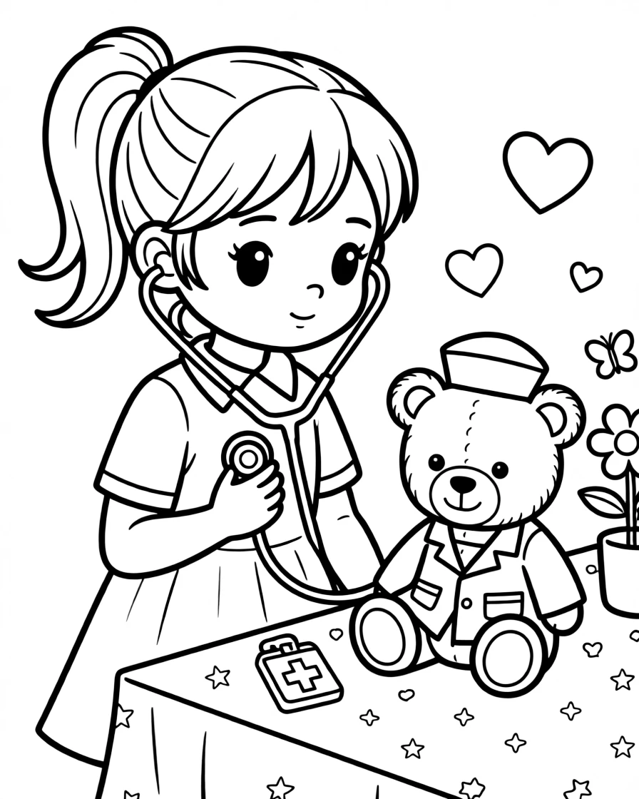 a shy young girl listens to a heartbeat through a stethoscope during a pretend doctor checkup.