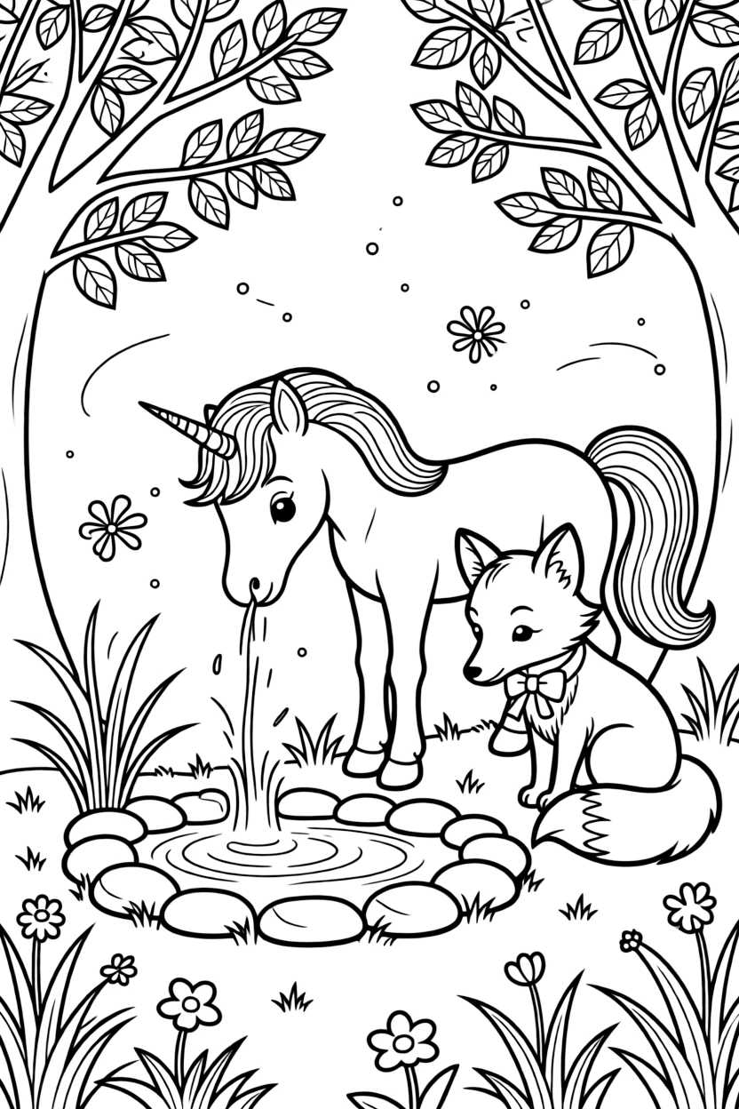A moonlit unicorn foal and a fox kit share a quiet moment drinking from a glowing forest spring surrounded by fireflies.