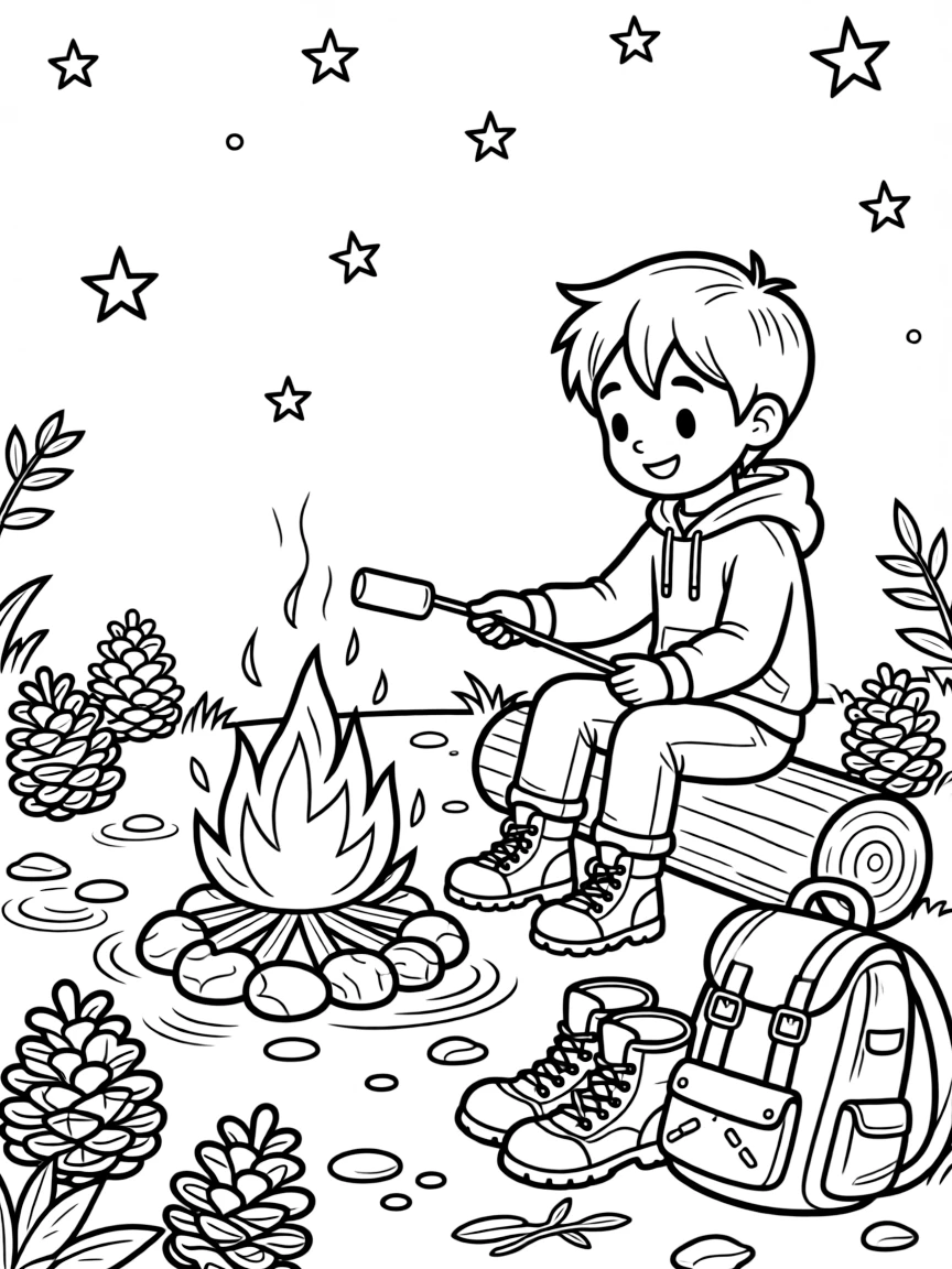 [Camping] a young camper roasting marshmallows toasting marshmallows over a crackling fire under a starry night sky. In the background, pinecones and rocks dot the campsite, adding extra fun to explore. A backpack and hiking boots sit nearby. It all happens just after a rainstorm, under clear blue skies.