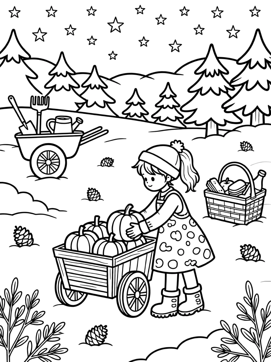 A girl painter with a smock covered in colorful splotches is filling a wagon with freshly picked pumpkins in a snowy forest clearing under twinkling stars. In the background, a wheelbarrow filled with garden tools and a picnic basket overflowing with treats add to the delightful moment.