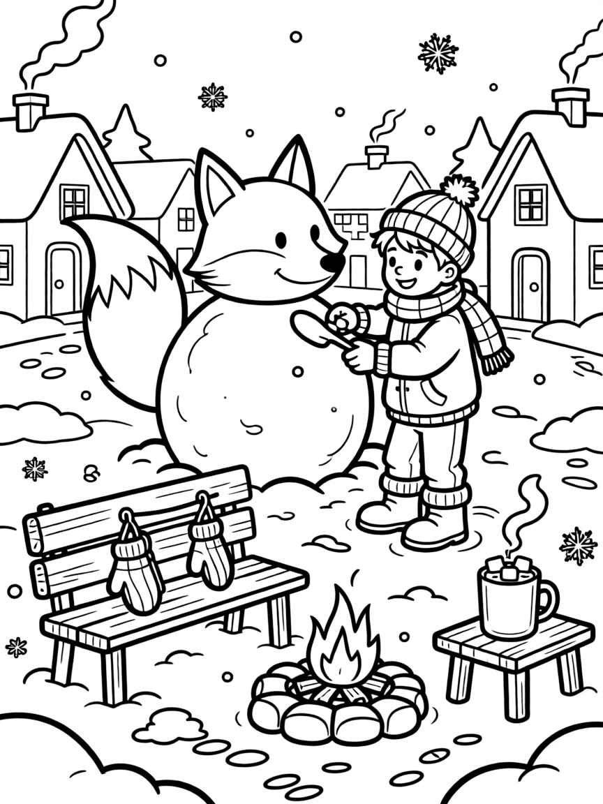 A snow sculptor carving a giant animal on a snow-covered village square, with a pair of mittens drying by the fire and a steaming mug of cocoa with marshmallows nearby.