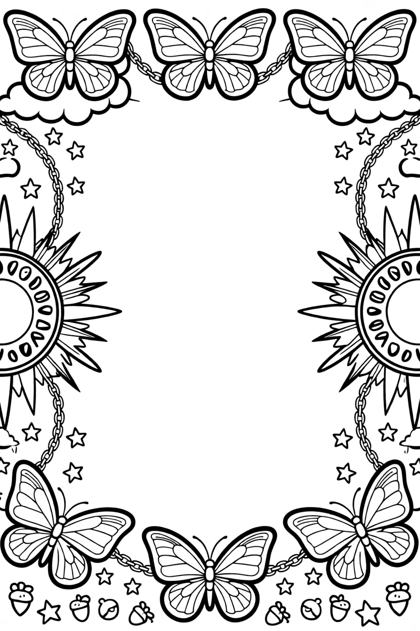 Insects & Bugs: The page centers on a repeating motif of a butterfly with large symmetrical wing panels, built around a sunburst mandala with rays spreading evenly outward. The motif is lined up along the top and bottom edges, mirrored by a matching row along the left and right sides. Decorative details fill the surrounding space, including interlocking circle chains, clusters of small five-point stars, and rounded puffy cloud shapes woven throughout the background. A playful extra touch completes the page: a handful of tiny acorns scattered near the bottom edge.
