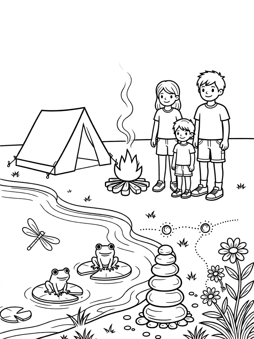 [Lakeside] A family camps beside a lake, their little tent pitched near a crackling campfire. Dragonflies skim across the surface while frogs sit on lily pads near the shoreline. Smooth stones are stacked in a little tower near the water's edge, beside a patch of wildflowers. Soft evening light settles over the water as fireflies begin to twinkle along the shore.