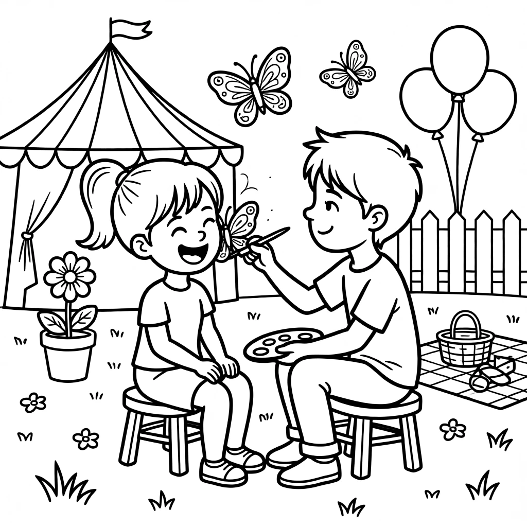A face painter decorates a giggling child's cheek with a butterfly design at a fair.