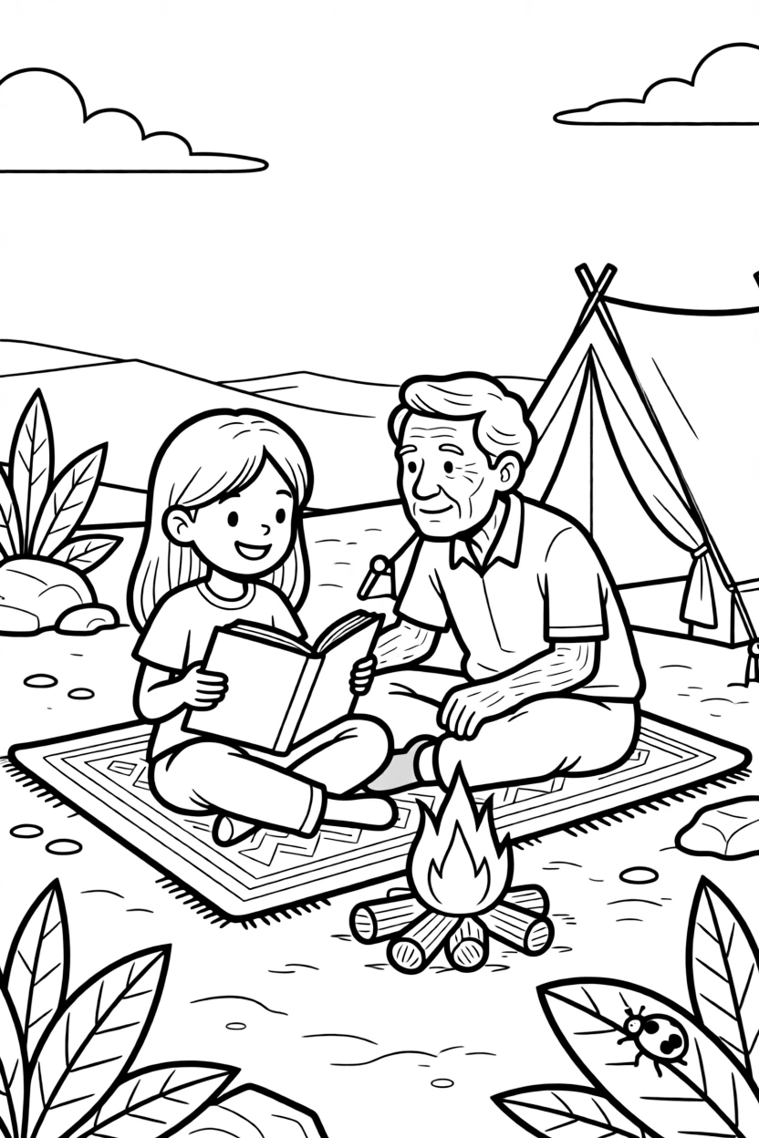 A tall girl reading a big storybook together with a great-grandparent at a desert campsite as a ladybug crawls on a leaf.