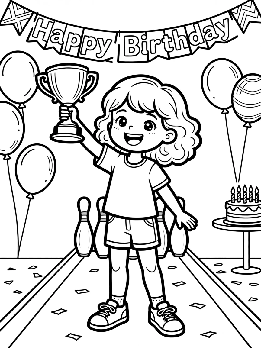 A little girl with curly hair, posing for a photo with a trophy after winning a birthday party bowling match.