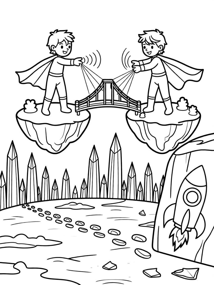 Twin superhero siblings Juno (sound-blasting) and Pogo (light-bending) building a bridge of light between two floating islands in a shimmering ice planet dotted with crystal spires, as a trail of glowing footprints leading into the distance and a mural of a rocket ship painted on a nearby wall fill the scene.