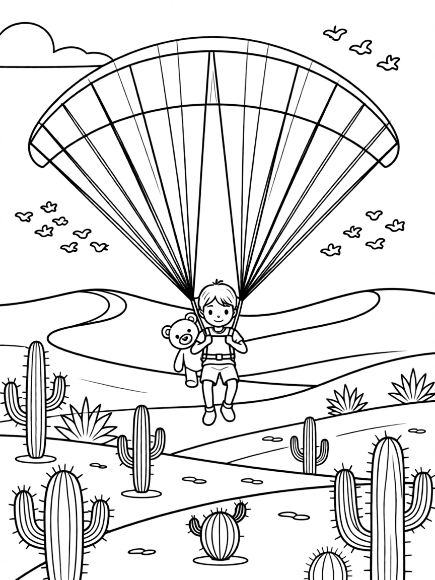 The scene captures a colorful paraglider drifting above a mountain ridge in the middle of a golden desert dotted with cacti and distant sand dunes, with a teddy bear buckled safely into the passenger seat nearby and a flock of birds flying alongside in formation sprinkled around for extra fun.
