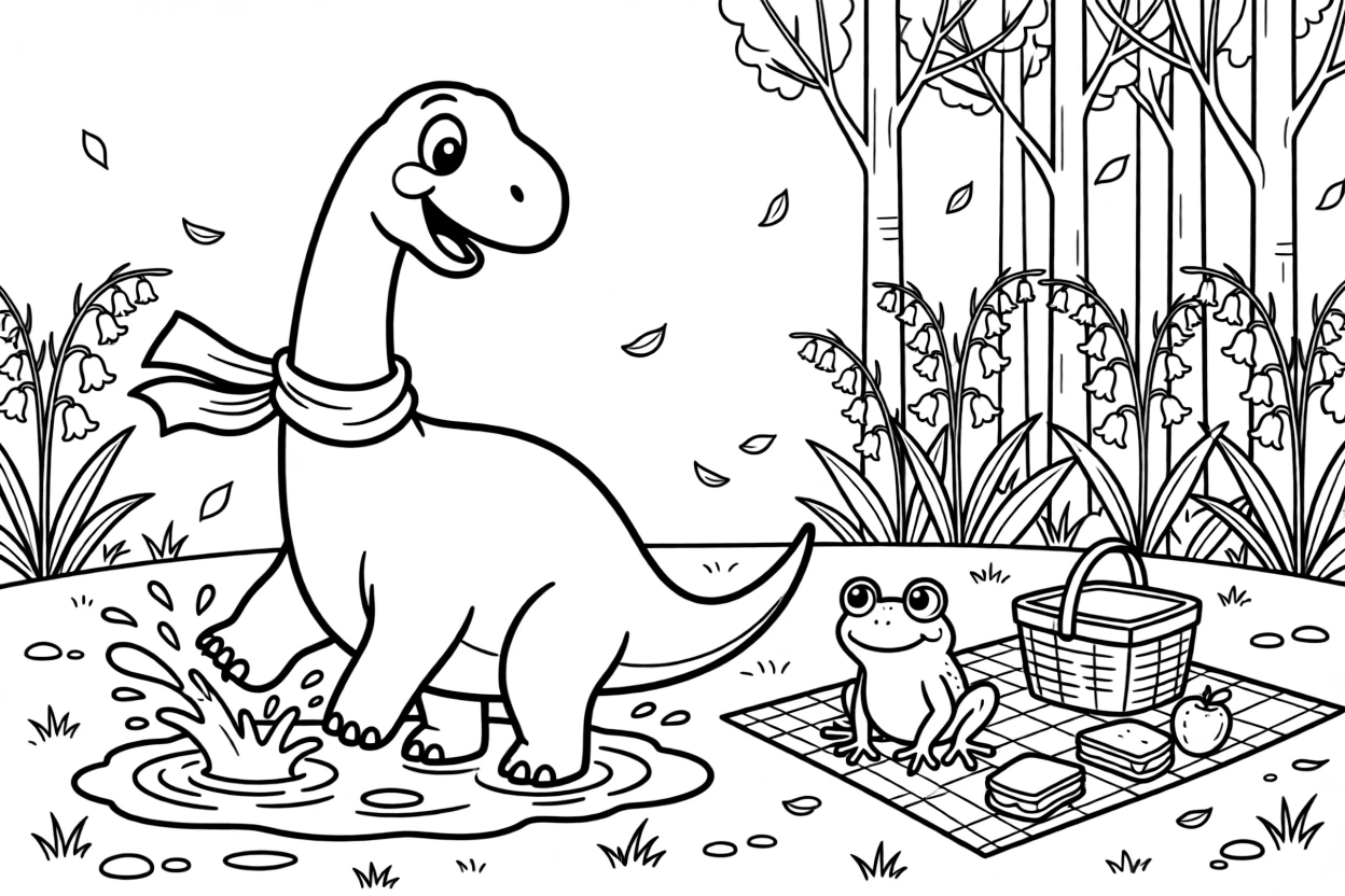 A brachiosaurus splashing happily in a puddle with a frog at a picnic in the park, near a bluebell woodland, while a gentle breeze scatters flower petals.